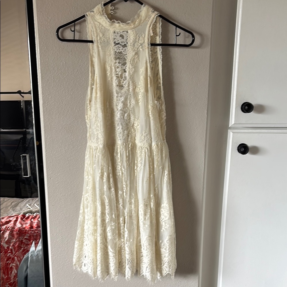 Vintage Free People Lace Sleeveless High Neck Dress - Cream
